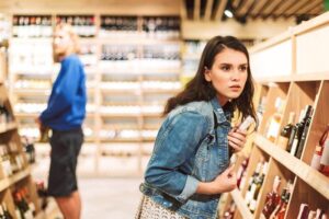 Young frightened woman in denim jacket trying steal bottle of wine in modern supermarket