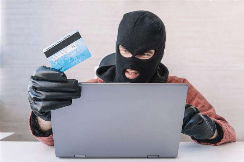 Thieves hold credit cards using a laptop computer for password hacking activities.